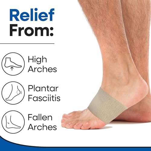 Compression sleeve foot brace being worn over socks for plantar fasciitis support.