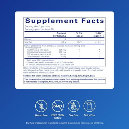 Pure Encapsulations omega three cognitive support gummies side label with clear nutritional facts.