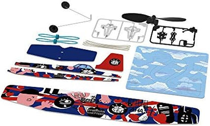 Nineteen piece snap assembly components of the PLAYSTEM rubber band aircraft