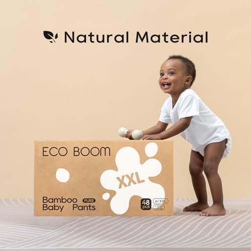 ECO BOOM eco friendly disposable pull up diapers showcasing the 360 degree stretchy waistband for toddlers