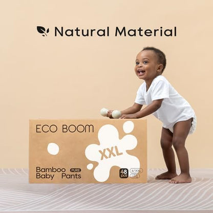 ECO BOOM eco friendly disposable pull up diapers showcasing the 360 degree stretchy waistband for toddlers