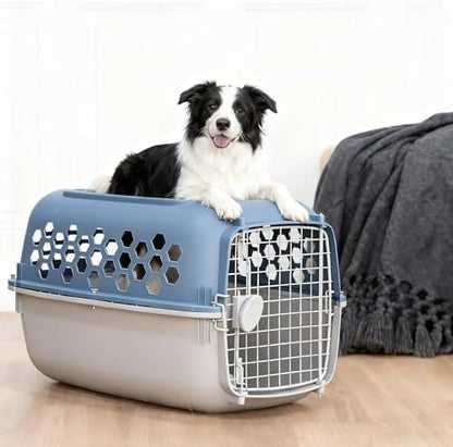 Ergonomic grey carrying handle on the top of the blue pet kennel