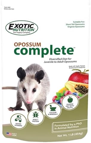Exotic Nutrition Opossum food nutritional facts and guaranteed analysis on the side of the 1 pound bag.