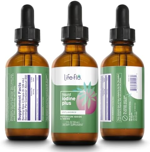 Close up of Life-Flo Liquid Iodine Plus label and dropper