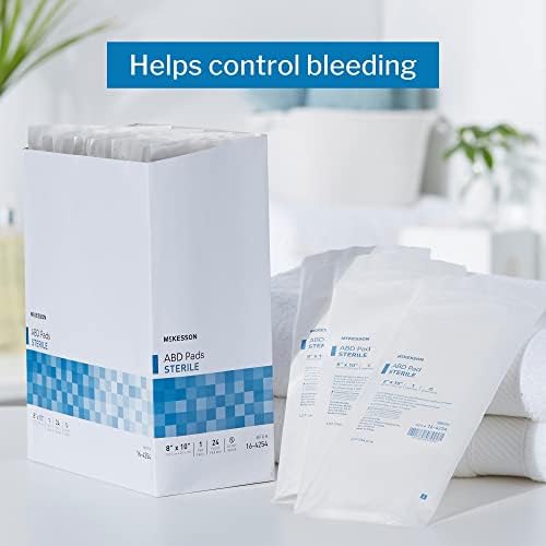 McKesson 8 by 10 inch abdominal pad showing individual sterile packaging layout