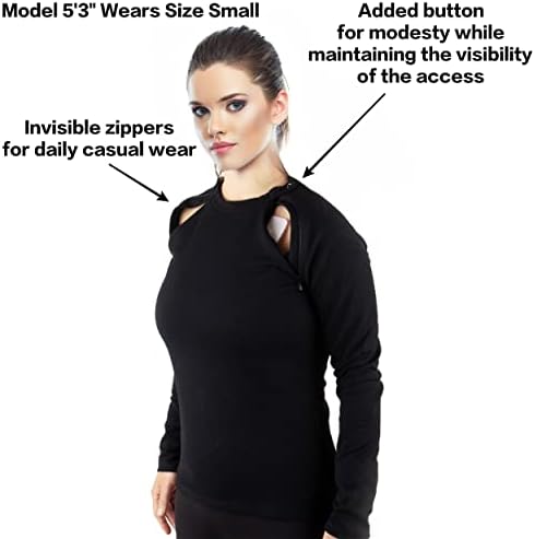 MandMcares port access adaptive sweatshirt highlighting invisible left and right chest zippers for medical treatments