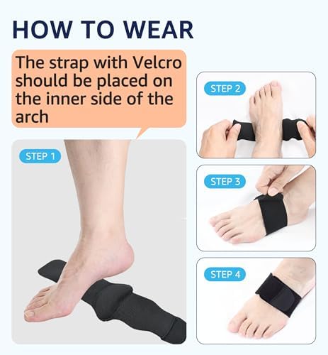 HiRui arch support pair shown being worn over socks for flat feet correction.