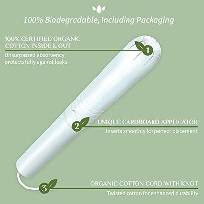 Organyc regular flow tampons with biodegradable cardboard applicator packaging details.