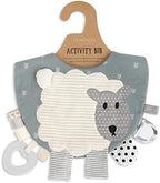 Close up of Demdaco lamb activity bib textured fabric and teething ring
