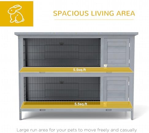 PawHut 54" 2-Story Large Rabbit Hutch Bunny Cage Wooden Pet House Small Animal Habitat with Lockable Doors, No Leak Tray and Waterproof Roof for Outdoor/Indoor Grey - Image 4