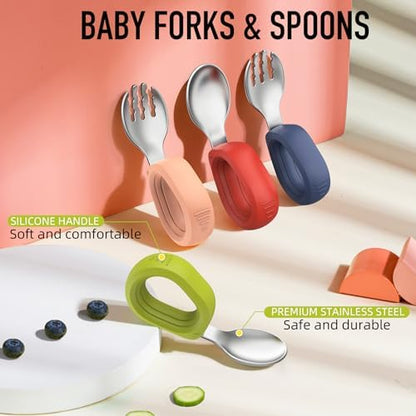 Yimido baby cutlery set with orange and green silicone handles