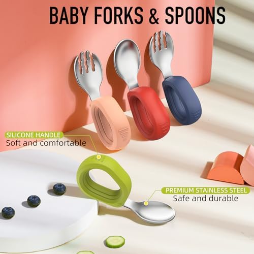Yimido baby cutlery set with orange and green silicone handles