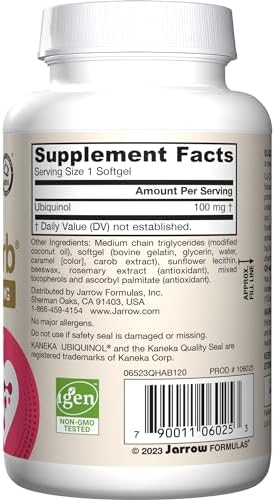 Jarrow Formulas active coenzyme Q10 antioxidant supplement nutritional facts label