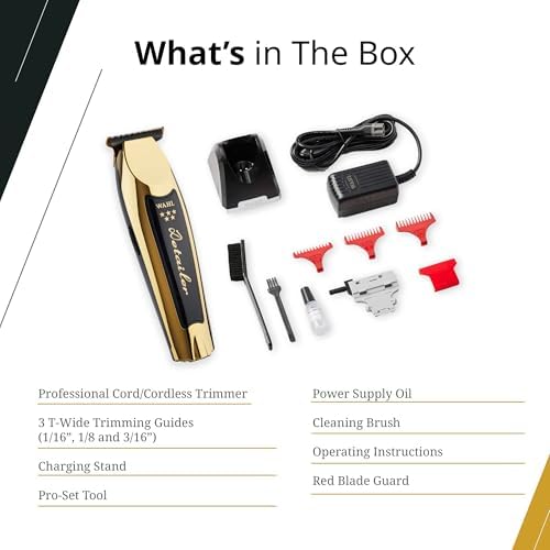 Wahl Professional cordless trimmer showing the full grooming kit including four guide combs and blade oil
