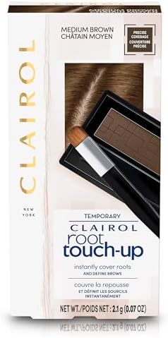 Clairol temporary gray hair root cover up powder compact open with mirror and brush