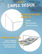 Kypeeka 4.72 inch clear money box packaging contents including the decorative saving sticker pack