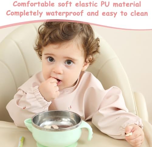 Baby Bibs with Long Sleeve Bib & BLW, Coverall Bibs for Baby Feeding, PU Soft and Skin-Friendly Material, Machine Washable, Waterproof and Easy to Clean, Baby Infant Toddlers (Pink) - Image 4