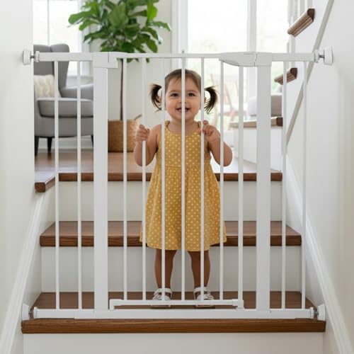 Demonstration of the tool free installation process of the safety gate extender on a hallway wall
