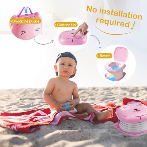 Side profile of Spark Moments pink kids travel toilet
