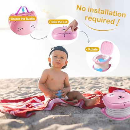 Side profile of Spark Moments pink kids travel toilet