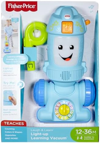Toddler musical push along vacuum toy angled view highlighting the adjustable tilt handle and sturdy blue wheels.
