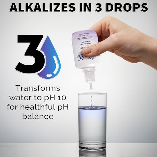 Alkalife patented alkaline water enhancer bottle next to a fresh glass of mineral water