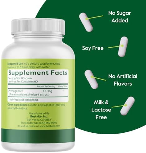 Side view of BESTVITE Pycnogenol capsules showing zero stearates ingredient list.