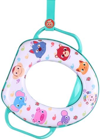 Cushioned toddler toilet trainer seat with handles showing splash guard detail