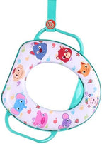 Cushioned toddler toilet trainer seat with handles showing splash guard detail