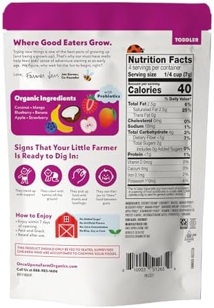 Once Upon A Farm dairy free probiotic melts resealable pouch showcasing organic ingredients list.