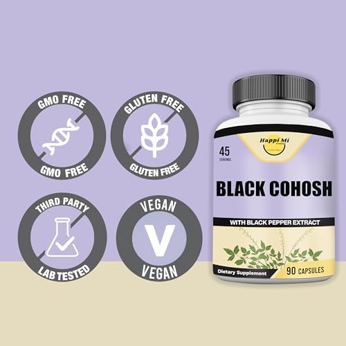 Bottle of 90 vegan black cohosh capsules for hormone support