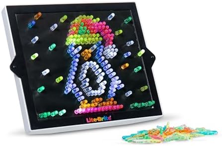 Lite Brite Ultimate Classic retro toy showing the convenient fabric peg pouch and the variety of six different peg colors.