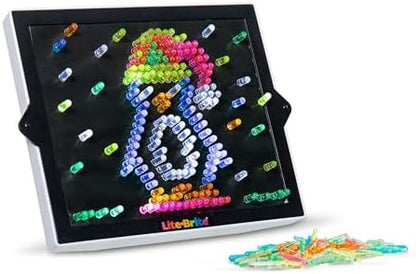 Lite Brite Ultimate Classic retro toy showing the convenient fabric peg pouch and the variety of six different peg colors.