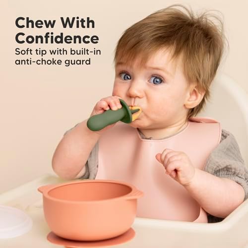 BPA free silicone baby fork from KeaBabies designed for infant self feeding practice.
