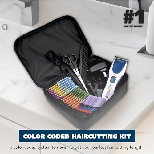 Wahl 9649P rechargeable trimmer showing the complete twenty one piece kit layout with various color coded guide combs.