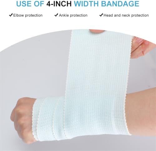 Blue and white elastic wrap for knee and ankle support showing self closure.