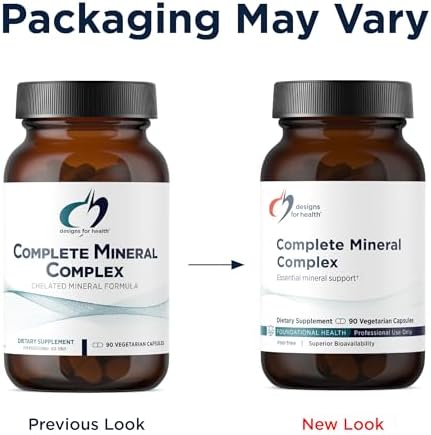 Side view of Designs For Health mineral complex with chelated magnesium and zinc details.