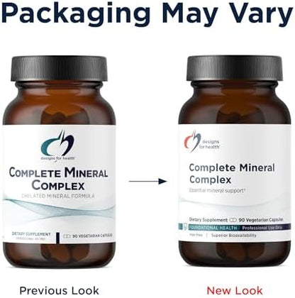 Side view of Designs For Health mineral complex with chelated magnesium and zinc details.