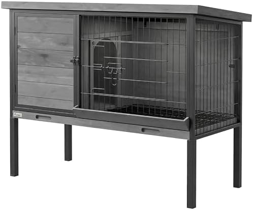 PawHut Elevated Rabbit Hutch with Pull-Out Tray, Wooden Bunny House Rabbit Cage for Outdoor Indoor Use, Openable Plastic Roof, Light Gray - Image 2