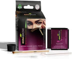 MinaiBrow brow coloring kit contents including henna powder sachets mixing cup and application tools.