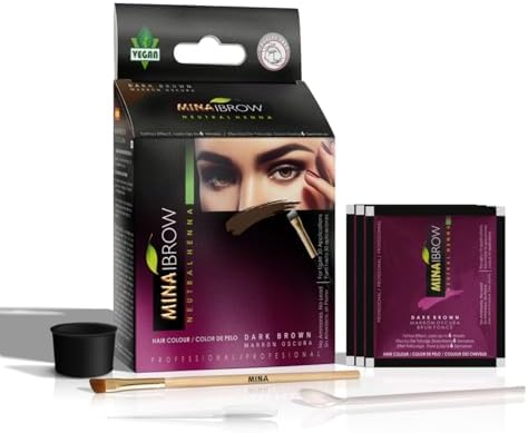 MinaiBrow brow coloring kit contents including henna powder sachets mixing cup and application tools.