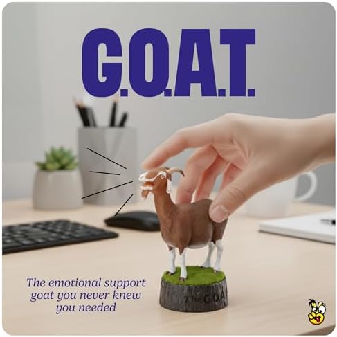 Close up of the three inch white shouting goat figurine on an office table