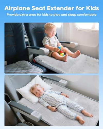 ANYSWEET Toddler Airplane Seat Extender installed between two cabin seats on a flight