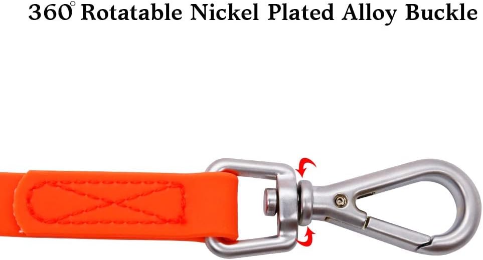Nimble heavy duty metal swivel clasp close up on orange waterproof leash.