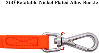Nimble heavy duty metal swivel clasp close up on orange waterproof leash.