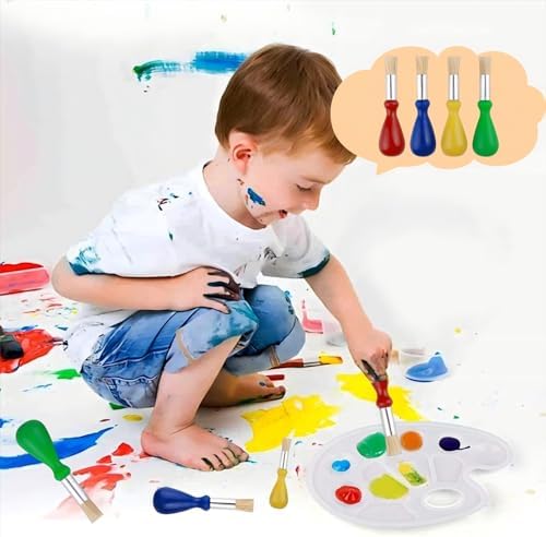 Washable chubby paint brushes being cleaned under running water to demonstrate easy maintenance.