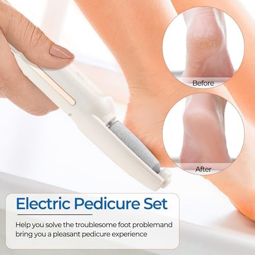 Rechargeable foot file for dead skin showcasing the coarse interchangeable roller head attachment.