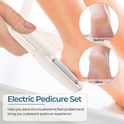 Rechargeable foot file for dead skin showcasing the coarse interchangeable roller head attachment.