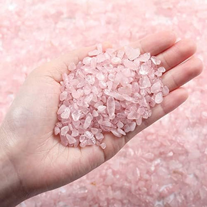 Rose Quartz crystal chips used as a decorative glass vase filler.