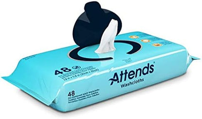Close up of Attends hypoallergenic cleansing wipes with aloe and vitamin E